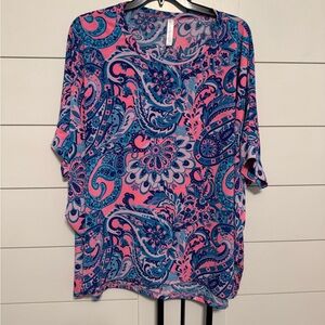 Scarlett Blue and Pink Scoop Neck 3/4 Butterly Sleeve Blouse